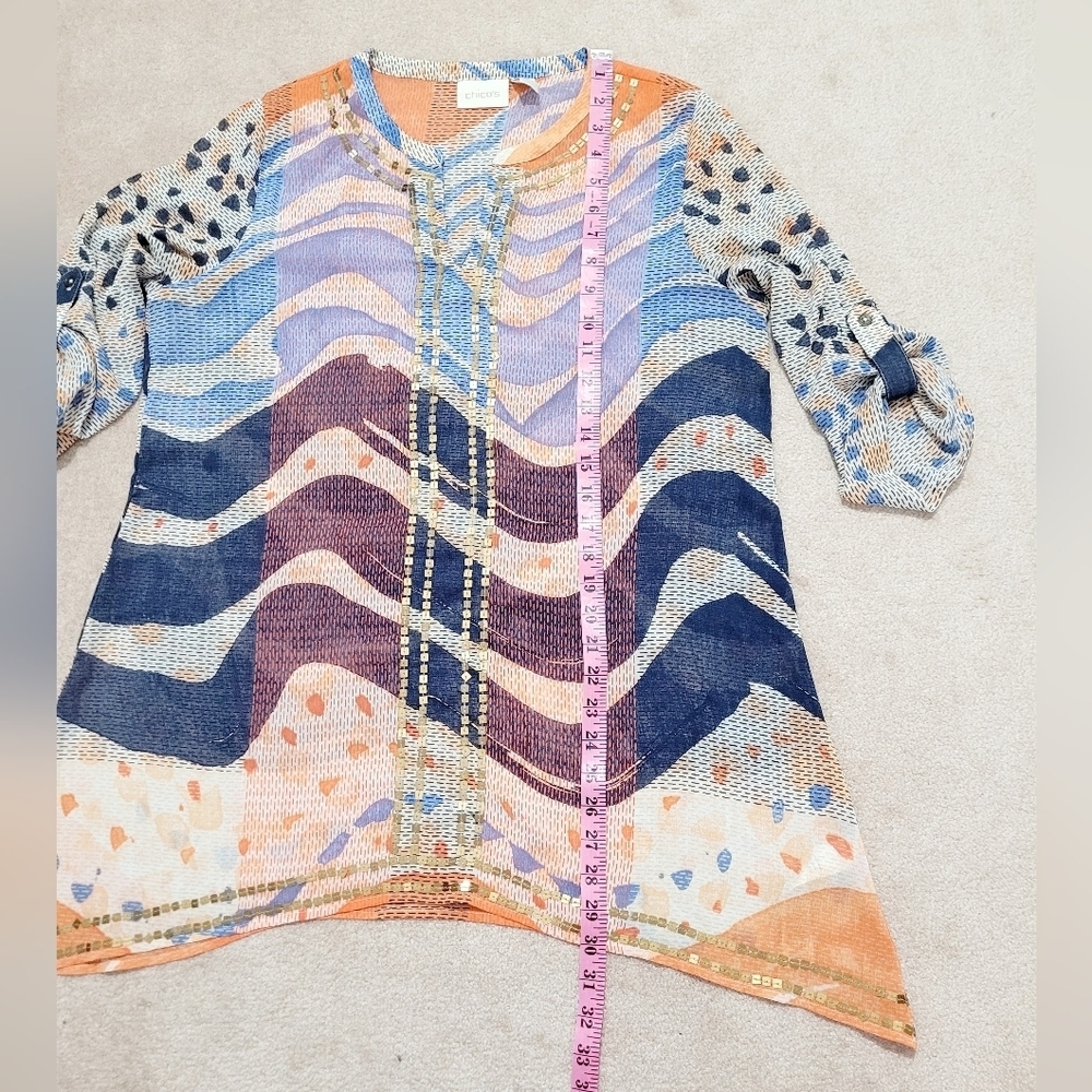 Chico’s Women’s Tunic Top Size Medium Sheer Abstract Print Roll Tab Sleeves - Picture 8 of 11